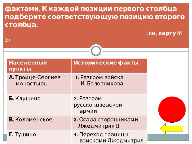 Установите соответствие между населёнными пунктами и связанными с ними историческими фактами. К каждой позиции первого столбца подберите соответствующую позицию второго столбца.   (см. карту № 2) Населённый пункты А. Троице-Сергиев Исторические факты  монастырь  1. Разгром войска Б. Клушино  И. Болотникова 2. Разгром русско-шведской В. Коломенское 3. Осада сторонниками  армии Г. Тушино  Лжедмитрия II 4. Переход границы 5. Ставка Лжедмитрия II  войсками Лжедмитрия I  А3Б2 В1Г5 