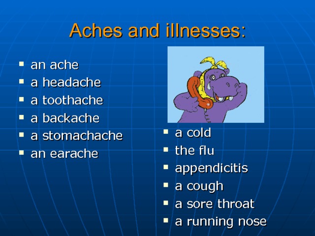 Aches and iIlnesses : an ache a headache a toothache a backache a stomachache an earache  a cold the flu appendicitis a cough a sore throat a running nose 