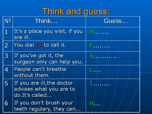 Think and guess: № 1  Think... 2  Guess... It’s a place you visit, if you are ill. You dial 03  to call it. 3  H ....... 4 If you’ve got it, the surgeon only can help you.  E ........ 5  A ........... People can’t breathe without them. 6  L .... If you are ill,the doctor advises what you are to do.It’s called...  T ........ If you don’t brush your teeth regulary, they can...  H ... 