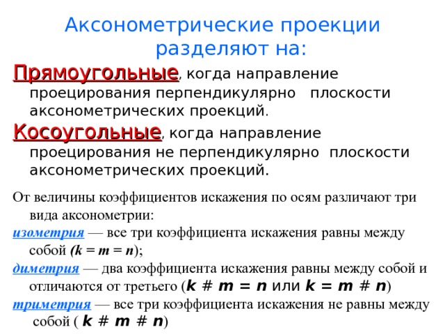 Аксонометрические проекции разделяют на: Прямоугольные , когда направление проецирования перпендикулярно плоскости аксонометрических проекций . Косоугольные , когда направление проецирования не перпендикулярно плоскости аксонометрических проекций. От величины коэффициентов искажения по осям различают три вида аксонометрии: изометрия  — все три коэффициента искажения равны между собой ( k = m  = n ); диметрия  — два коэффициента искажения равны между собой и отличаются от третьего ( k  # m  = n или k = m  # n ) триметрия  — все три коэффициента искажения не равны между собой ( k  #  m  #  n ) 