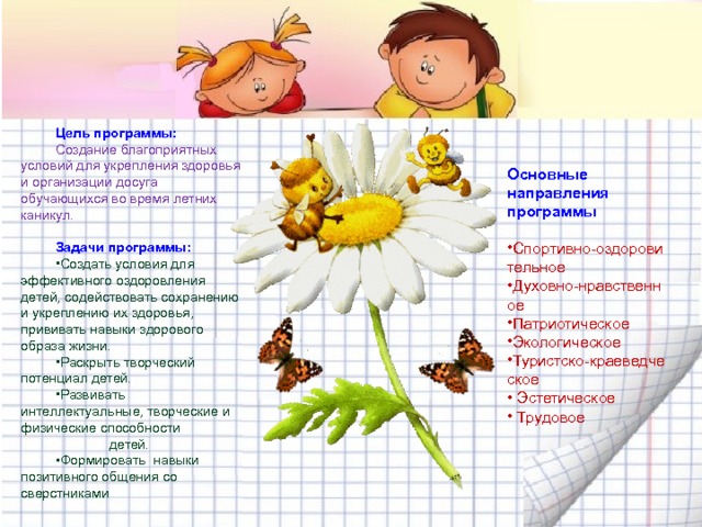 Цель программы: Создание благоприятных условий для укрепления здоровья и организации досуга обучающихся во время летних каникул. Задачи программы: Создать условия для эффективного оздоровления детей, содействовать сохранению и укреплению их здоровья, прививать навыки здорового образа жизни. Раскрыть творческий потенциал детей. Развивать интеллектуальные, творческие и физические способности  детей. Формировать навыки позитивного общения со сверстниками Основные направления программы  Спортивно-оздоровительное Духовно-нравственное Патриотическое Экологическое Туристско-краеведческое  Эстетическое  Трудовое 