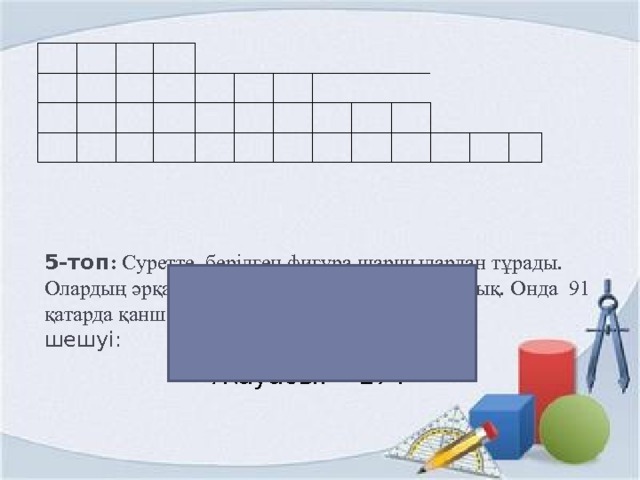 5-топ : Суретте берілген фигура шаршылардан т ұрады. Олардың әрқайсысы бір - бірден 3 шаршыға артық. Онда 91 қатарда қанша шаршы бар?  шешуі:    а 1  =4 ; d= 3 ; a 91 = 4+3(91-1)=274  Жауабы: 274 