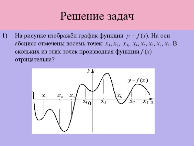 Решение задач На рисунке изображён график функции y = f ( x ). На оси абсцисс отмечены восемь точек: х 1 , х 2 , х 3 , х 4 , х 5 , х 6 , х 7 , х 8 . В скольких из этих точек производная функции f ( x ) отрицательна? 
