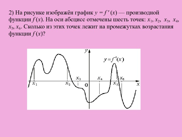   2) На рисунке изображён график y = f ' ( x ) — производной функции f ( x ). На оси абсцисс отмечены шесть точек: х 1 , х 2 , х 3 , х 4 , х 5 , х 6 . Сколько из этих точек лежит на промежутках возрастания функции f ( x )? 