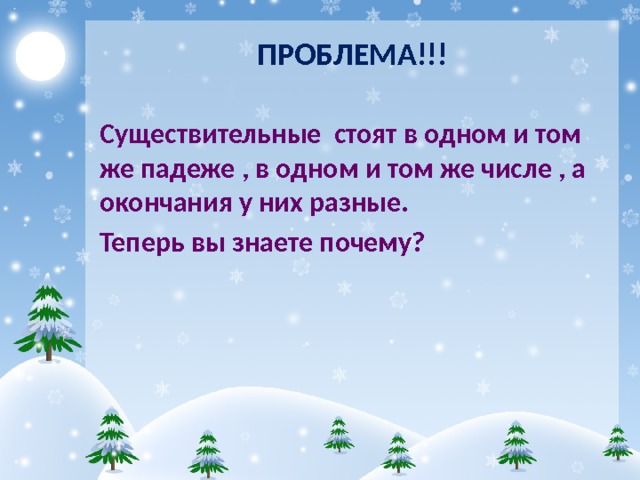 ПРОБЛЕМА!!! Существительные стоят в одном и том же падеже , в одном и том же числе , а окончания у них разные. Теперь вы знаете почему? 