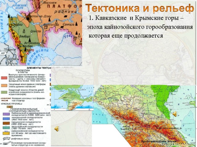 1. Кавказские и Крымские горы –  эпоха кайнозойского горообразования  которая еще продолжается . 