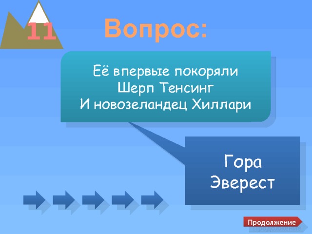 Вопрос: 11 Её впервые покоряли Шерп Тенсинг И новозеландец Хиллари Гора Эверест Продолжение 