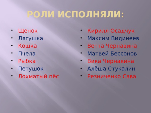 РОЛИ ИСПОЛНЯЛИ: Кирилл Осадчук Максим Видинеев Ветта Чернавина Матвей Бессонов Вика Чернавина Алёша Стукалин Резниченко Сава Щенок Лягушка Кошка Пчела Рыбка Петушок Лохматый пёс 