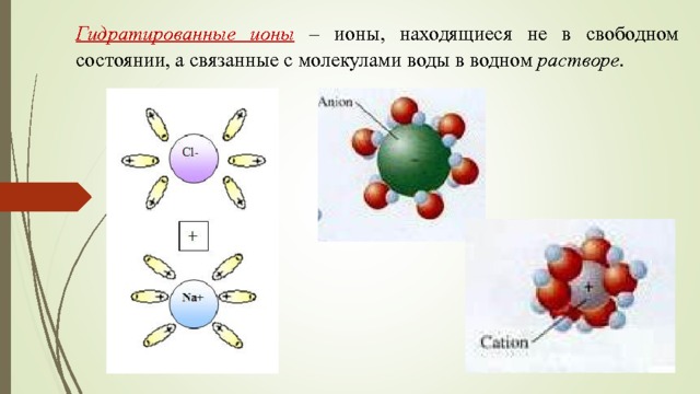 Гидратированные ионы  – ионы, находящиеся не в свободном состоянии, а связанные с молекулами воды в водном растворе. 