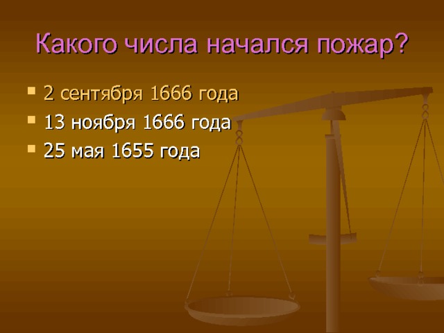 Какого числа начался пожар? 2 сентября 1666 года 13 ноября 1666 года 25 мая 1655 года 