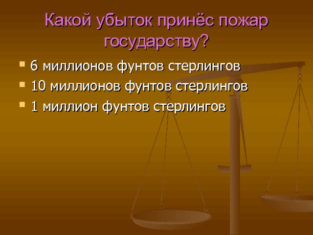 Какой убыток принёс пожар государству? 6 миллионов фунтов стерлингов 10 миллионов фунтов стерлингов 1 миллион фунтов стерлингов 