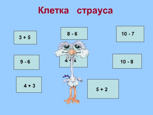 Клетка страуса 10 - 7 8 - 6 3 + 5 4 + 4 9 - 6 10 - 8 4 + 3 5 + 2 