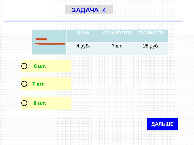 ЗАДАЧА 4 ЦЕНА КОЛИЧЕСТВО 4 руб. ? шт. СТОИМОСТЬ 28 руб. 