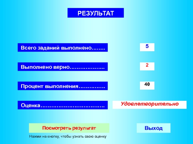 РЕЗУЛЬТАТ  Всего заданий выполнено……..  Выполнено верно………………..  Процент выполнения……………  Оценка……………………………… Нажми на кнопку, чтобы узнать свою оценку 