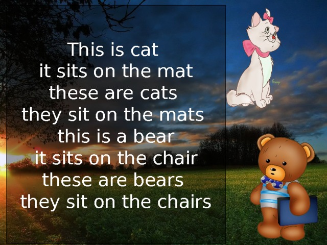 This is cat  it sits on the mat  these are cats  they sit on the mats  this is a bear  it sits on the chair  these are bears  they sit on the chairs 