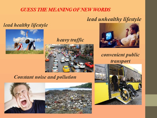 GUESS THE MEANING OF NEW WORDS lead unhealthy lifestyle lead healthy lifestyle heavy  traffic convenient public transport Constant noise and pollution 