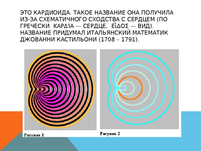 ЭТО КАРДИОИДА. ТАКОЕ НАЗВАНИЕ ОНА ПОЛУЧИЛА ИЗ-ЗА СХЕМАТИЧНОГО СХОДСТВА С СЕРДЦЕМ (ПО ГРЕЧЕСКИ ΚΑΡΔΊΑ — СЕРДЦЕ, ΕἶΔΟΣ — ВИД). НАЗВАНИЕ ПРИДУМАЛ ИТАЛЬЯНСКИЙ МАТЕМАТИК ДЖОВАННИ КАСТИЛЬОНИ (1708 – 1791). 