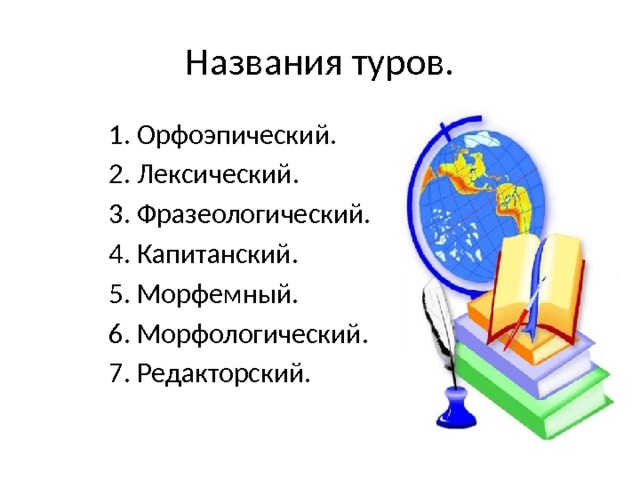 Названия туров.  1. Орфоэпический.  2. Лексический.  3. Фразеологический.  4. Капитанский.  5. Морфемный.  6. Морфологический.  7. Редакторский. 