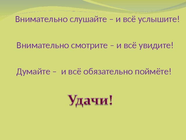 Внимательно слушайте – и всё услышите! Внимательно смотрите – и всё увидите! Думайте – и всё обязательно поймёте! 