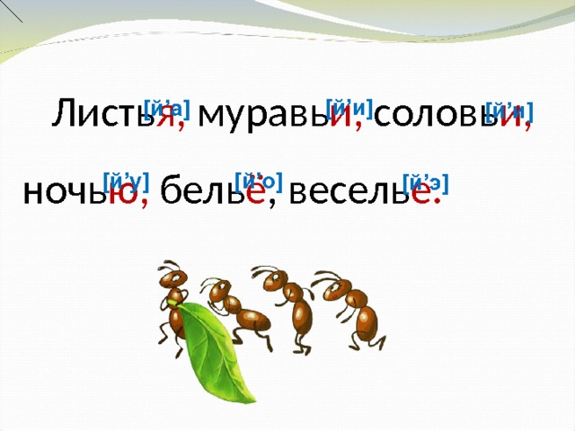  Листь я, муравь и, соловь и, ночь ю, бель ё , весель е. [й’и] [й’а] [й’и] [й’о] [й’у] [й’э] 