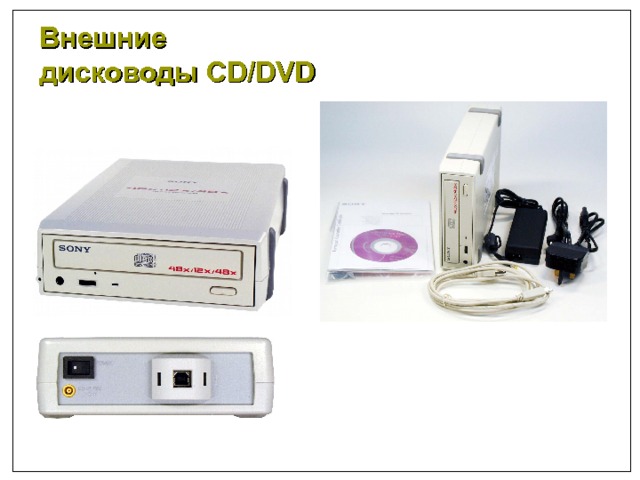 Внешние дисководы CD / DVD Оптический  привод CD-RW SONY  48x 12x 48x  ( внешний  USB 2.0  ) Поддерживаемые  форматы CD-DA,CD-ROM (Mode 1), CD-ROM XA, (Mode 2, Form 1 & 2), Enhanced CD, CD-Extra, Video CD, Photo CD, CD Text, Karaoke CD, CD-I 