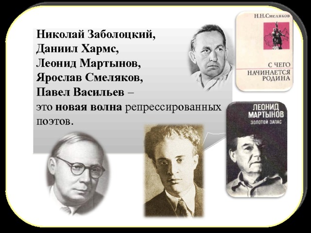Николай Заболоцкий, Даниил Хармс, Леонид Мартынов, Ярослав Смеляков, Павел Васильев – это новая волна репрессированных поэтов. 