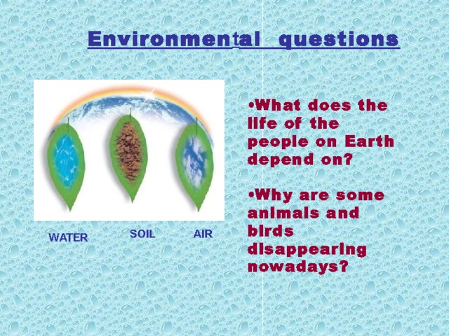 Environmen t al questions  What does the life of the people on Earth depend on? Why are some animals and birds disappearing nowadays? SOIL AIR WATER 