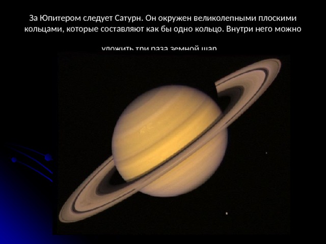 За Юпитером следует Сатурн. Он окружен великолепными плоскими кольцами, которые составляют как бы одно кольцо. Внутри него можно уложить три раза земной шар.  