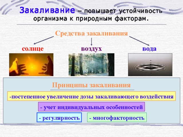 Закаливание  – повышает устойчивость организма к природным факторам. Средства закаливания воздух вода солнце Принципы закаливания -постепенное увеличение дозы закаливающего воздействия - учет индивидуальных особенностей - регулярность - многофакторность 