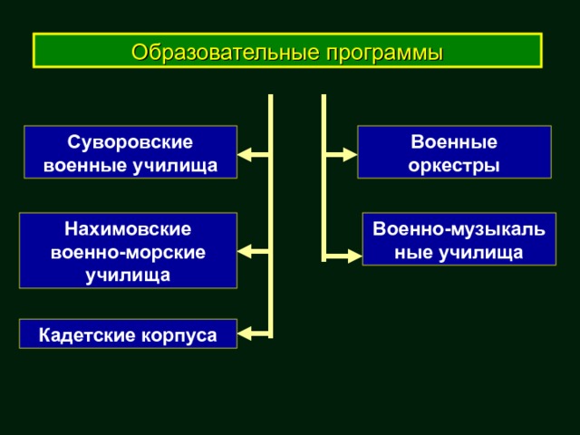 Образовательные программы Суворовские военные училища Военные оркестры Военно-музыкальные училища Нахимовские военно-морские училища Кадетские корпуса 