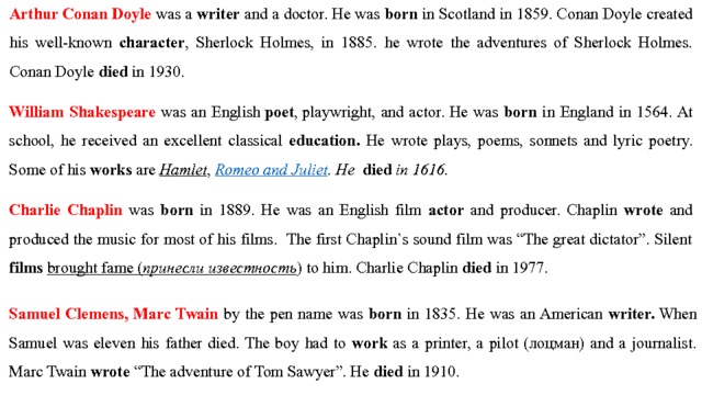 Arthur Conan Doyle  was a writer and a doctor. He was born in Scotland in 1859. Conan Doyle created his well-known character , Sherlock Holmes, in 1885. he wrote the adventures of Sherlock Holmes. Conan Doyle died in 1930. William Shakespeare was an English  poet , playwright, and actor. He was born in England in 1564. At school, he received an excellent classical education. He wrote plays, poems, sonnets and lyric poetry. Some of his works are Hamlet ,  Romeo and Juliet . He died in 1616. Charlie Chaplin was born in 1889. He was an English film actor and producer. Chaplin wrote and produced the music for most of his films. The first Chaplin`s sound film was “The great dictator”. Silent films  brought fame ( принесли известность ) to him. Charlie Chaplin died in 1977. Samuel Clemens, Marc Twain by the pen name was born in 1835. He was an American writer. When Samuel was eleven his father died. The boy had to work as a printer, a pilot (лоцман) and a journalist. Marc Twain wrote “The adventure of Tom Sawyer”. He died in 1910. 