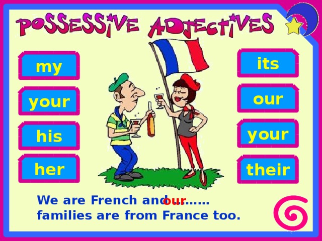 its my our your your his her their We are French and ……… families are from France too. our 