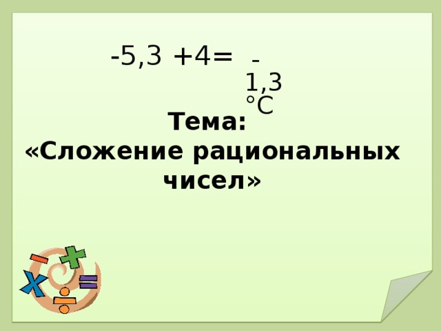 -5,3 +4= -1,3°C   Тема: «Сложение рациональных чисел» 