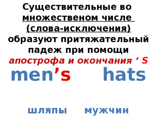 Существительные во множественом числе (слова-исключения) образуют притяжательный падеж при помощи апострофа и окончания ‘ S men ’s hats  шляпы мужчин 