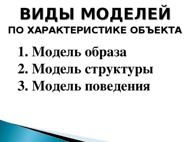 ВИДЫ МОДЕЛЕЙ  ПО ХАРАКТЕРИСТИКЕ ОБЪЕКТА  Модель образа  Модель структуры  Модель поведения  