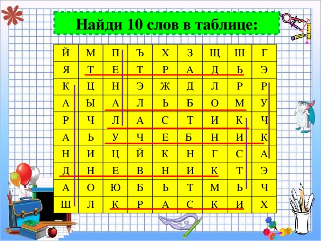 Найди 10 слов в таблице: Й М Я П Т К Ъ А Е Ц Х Н Ы Р Т З Э Р А А Ч Щ Л Ь Н Ж Л А Ш А Д Д Д У И Ь Г А Н Ц С Ь Ч Л Б О Е Э Й О Р Т Ш Е Л Б М В И Р К Ю У К Н Н Б К Н И И Ч Г Ь Р А Т К С К С Т А М К Э Ь Ч И Х 