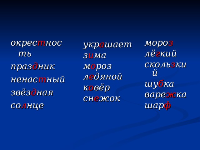 окрес т ность праз д ник ненас т ный звёз д ная со л нце моро з лё г кий сколь з кий шу б ка варе ж ка шар ф укр а шает з и ма м о роз л е дяной к о вёр сн е жок