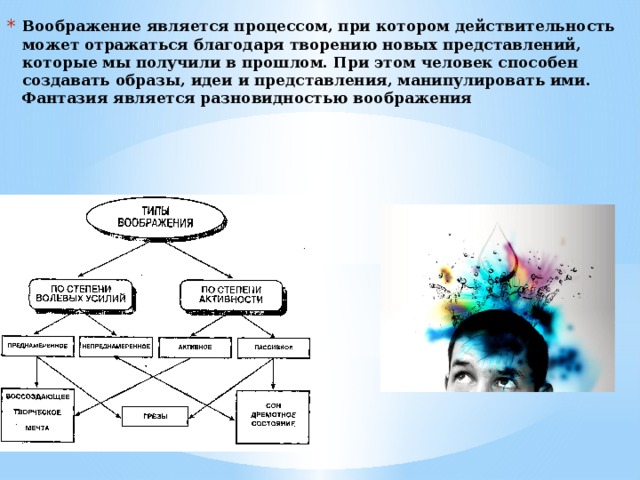 Воображение является процессом, при котором действительность может отражаться благодаря творению новых представлений, которые мы получили в прошлом. При этом человек способен создавать образы, идеи и представления, манипулировать ими. Фантазия является разновидностью воображения