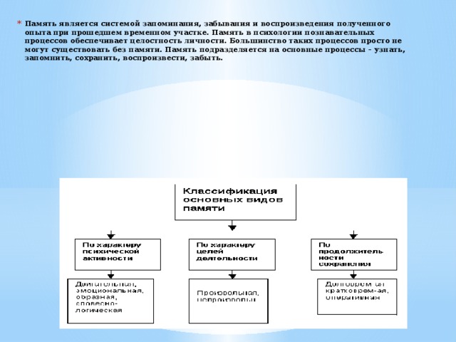 Память является системой запоминания, забывания и воспроизведения полученного опыта при прошедшем временном участке. Память в психологии познавательных процессов обеспечивает целостность личности. Большинство таких процессов просто не могут существовать без памяти. Память подразделяется на основные процессы – узнать, запомнить, сохранить, воспроизвести, забыть.