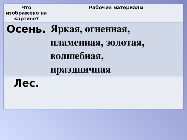 Что изображено на картине? Рабочие материалы Осень. Яркая, огненная, пламенная, золотая, волшебная,   праздничная  Лес.