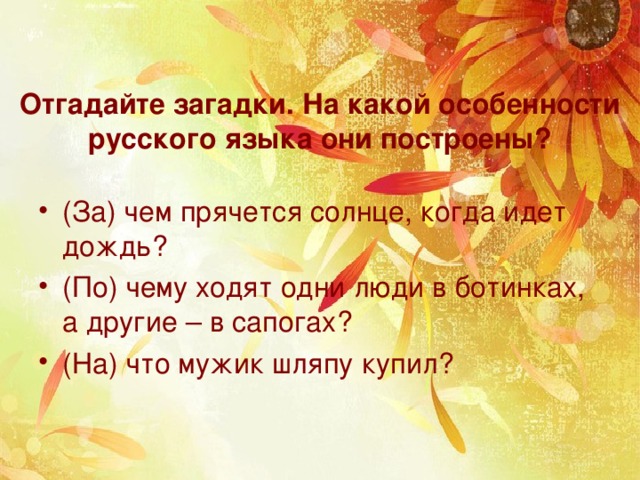 Отгадайте загадки. На какой особенности русского языка они построены?