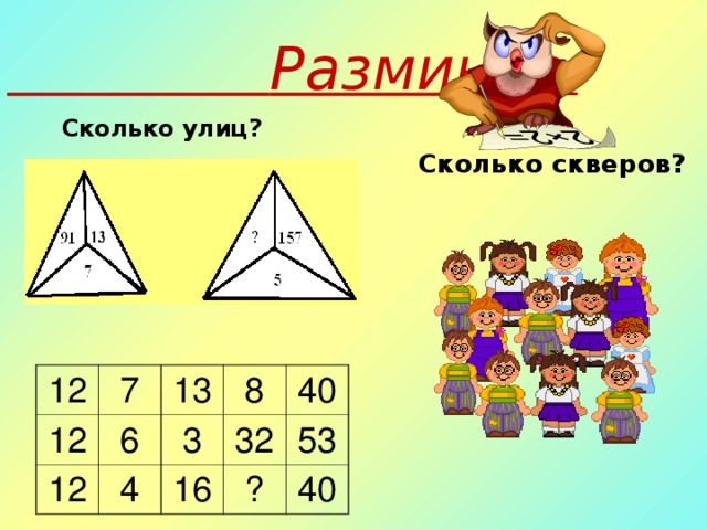 Разминка  Сколько улиц?   Сколько скверов?  Сколько парков? 12 12 7 12 6 13 4 3 8 16 40 32 53 ? 40