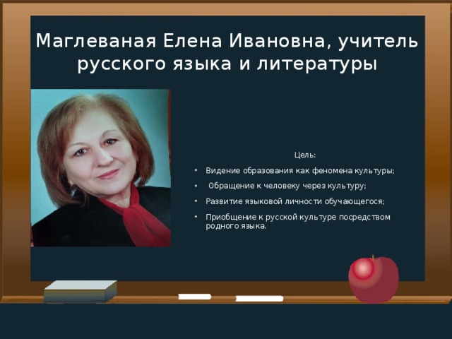 Маглеваная Елена Ивановна, учитель русского языка и литературы Цель: