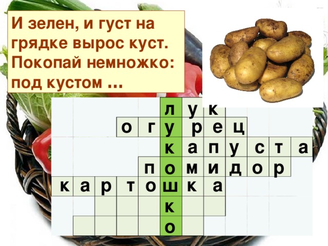 И зелен, и густ на грядке вырос куст.  Покопай немножко: под кустом … л у к                                                                                                                                    о г р е ц у  а п у с т а к  п м и д о р о  к а р т о к а ш к о