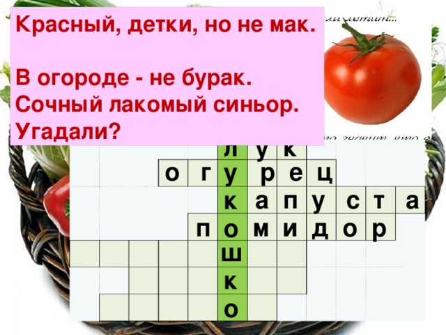 Красный, детки, но не мак.  В огороде - не бурак.  Сочный лакомый синьор. Угадали? у к л                                                                                                                                    о г р е ц у  а п у с т а к  п м и д о р о ш к о