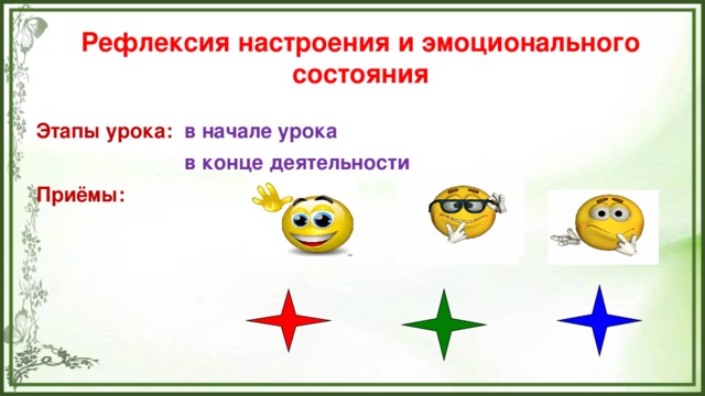 Рефлексия настроения и эмоционального состояния Этапы урока: в начале урока  в конце деятельности Приёмы: