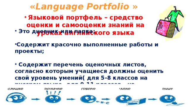 « Language Portfolio  » Языковой портфель – средство оценки и самооценки знаний на уроках английского языка   Это дневник или папка;  Содержит красочно выполненные работы и проекты;