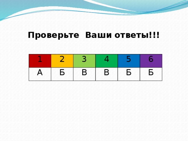 Проверьте Ваши ответы!!! 1 2 А Б 3 4 В В 5 6 Б Б