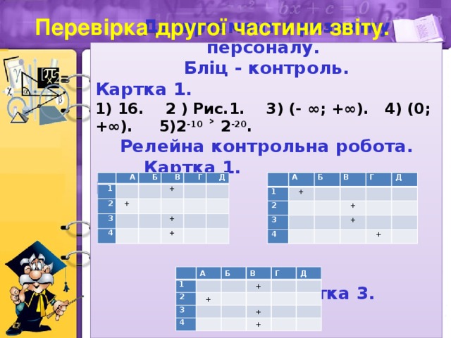 Перевірка другої частини звіту.   Департамент з розвитку персоналу. Бліц - контроль. Картка 1. 1) 16. 2 ) Рис.1. 3) (- ∞; +∞ ). 4) (0; +∞ ). 5)2 -10 ˃ 2 -20 . Релейна контрольна робота.  Картка 1. Картка 2.      Картка 3.          1 1 А А 2 2 Б   + Б   3   +   3 В В     Г Г 4 + 4       +       Д   Д             +       +       +       +           1 А 2   Б В   + 3 4 + Г         Д           +     +      