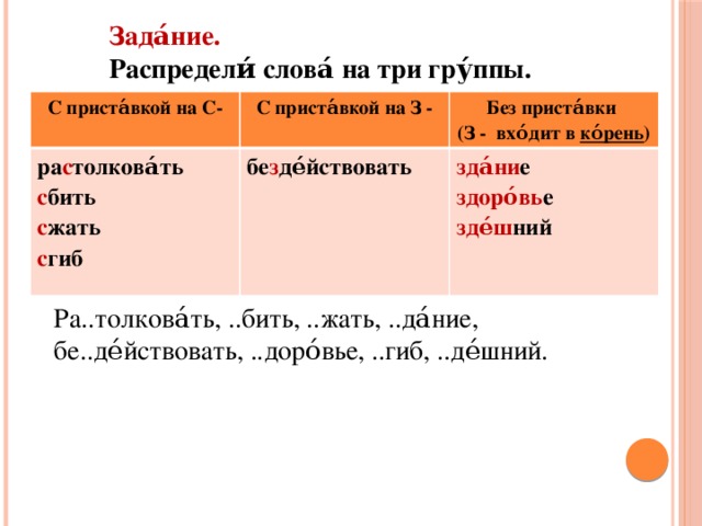 Зада́ние. Распредели́ слова́ на три гру́ппы. С приста́вкой на С- С приста́вкой на С- ра с толкова́ть С приста́вкой на З - С приста́вкой на З - Без приста́вки Без приста́вки бе з де́йствовать с бить с жать (З - вхо́дит в ко́рень) (З - вхо́дит в ко́рень ) зда́ни е здоро́вь е с гиб зде́ш ний  Практи́ческое зада́ние № 6  Распредели́ слова́. Табли́цу запиши́ в тетра́дь.          Ра..толкова́ть, ..бить, ..жать, ..да́ние, бе..де́йствовать, ..доро́вье, ..гиб, ..де́шний.